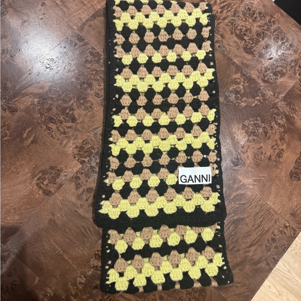 Ganni Tricolor Crochet Scarf in Black, Yellow, and Tan